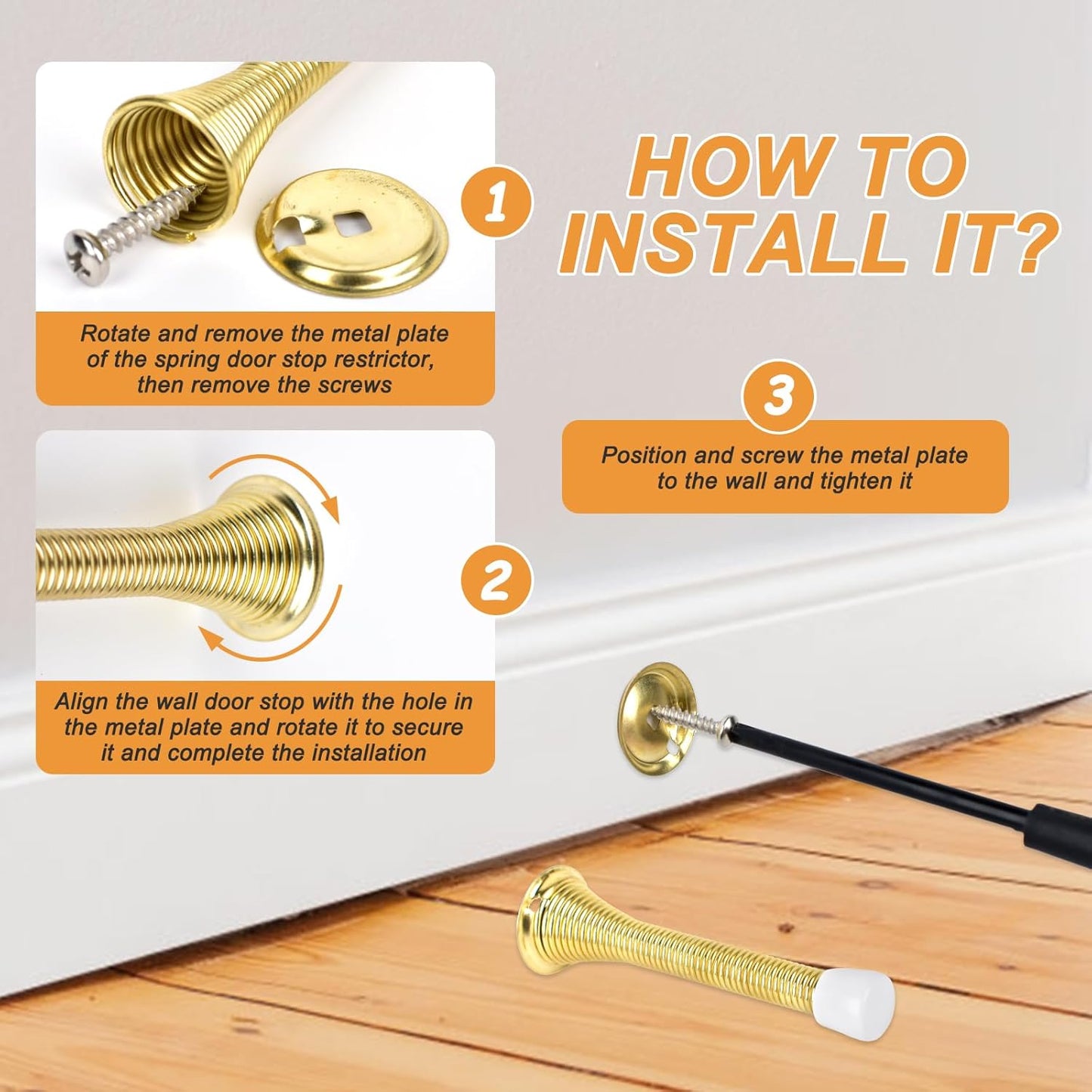 Spring Door Stoppers, 12 Pack Door Stops Wall Protector, Doorstops for Inside Door with 6 Rubber Bumper (Gold) V1258-DP02-B-1336