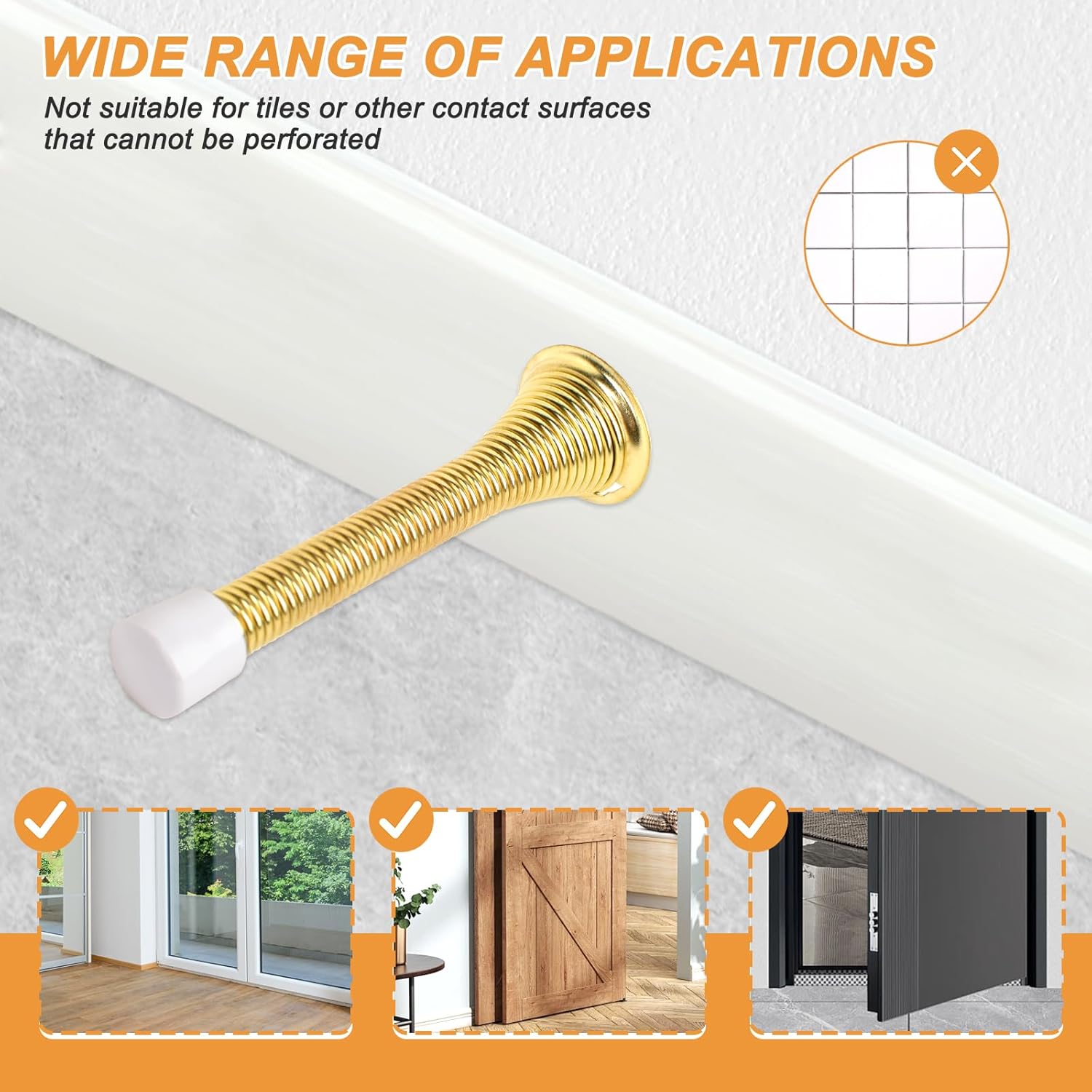 Spring Door Stoppers, 12 Pack Door Stops Wall Protector, Doorstops for Inside Door with 6 Rubber Bumper (Gold) V1258-DP02-B-1336