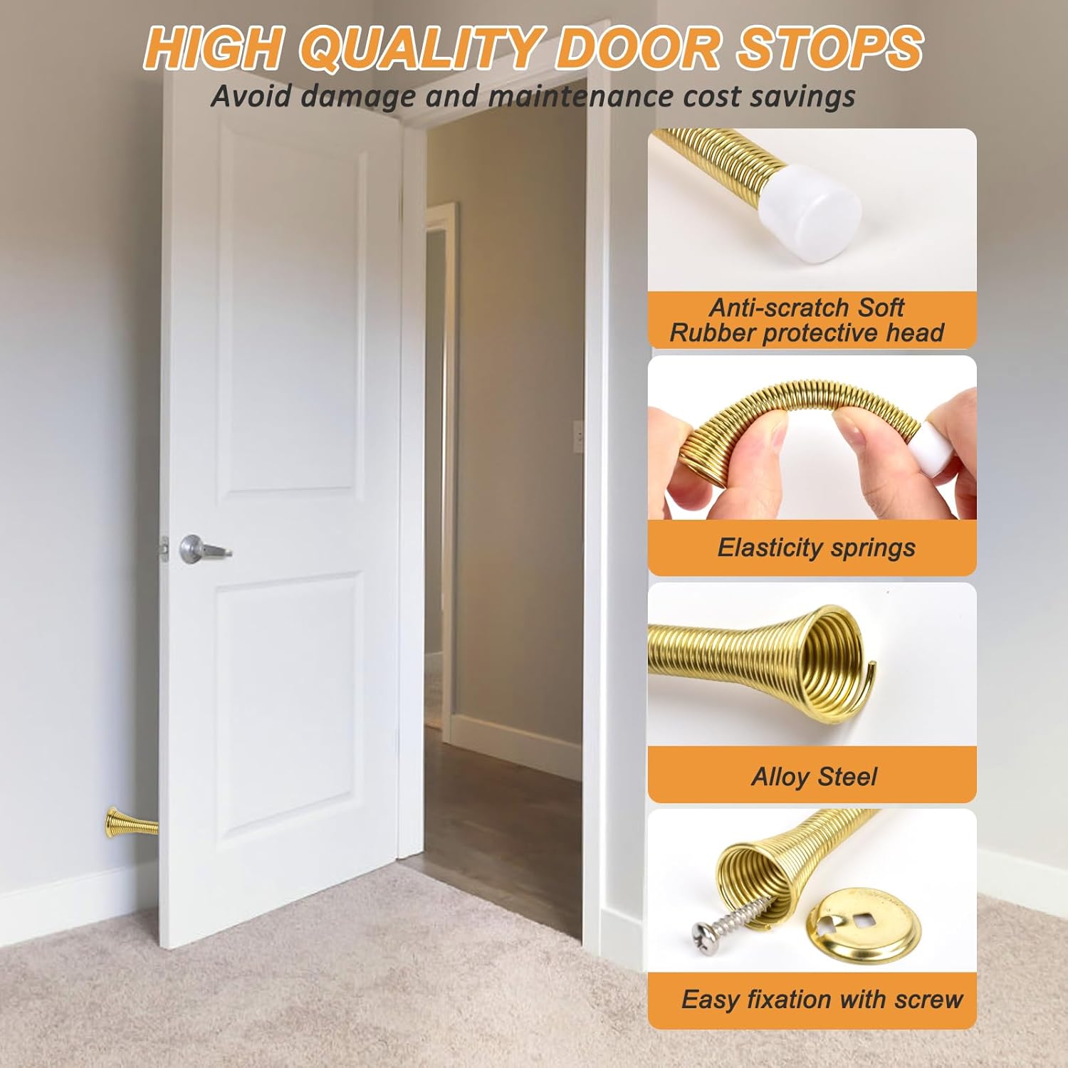 Spring Door Stoppers, 12 Pack Door Stops Wall Protector, Doorstops for Inside Door with 6 Rubber Bumper (Gold) V1258-DP02-B-1336