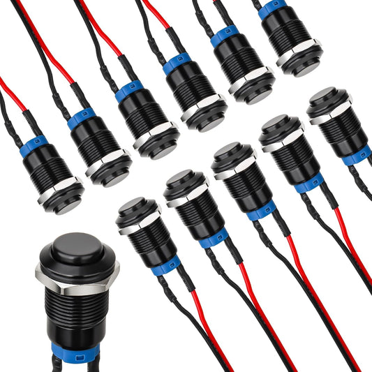 12mm Latching Push Button Switch - Raised Head, Normally Open ON - Off, with Pre - soldered Cable, Aluminium V1258-DP02-B-1346