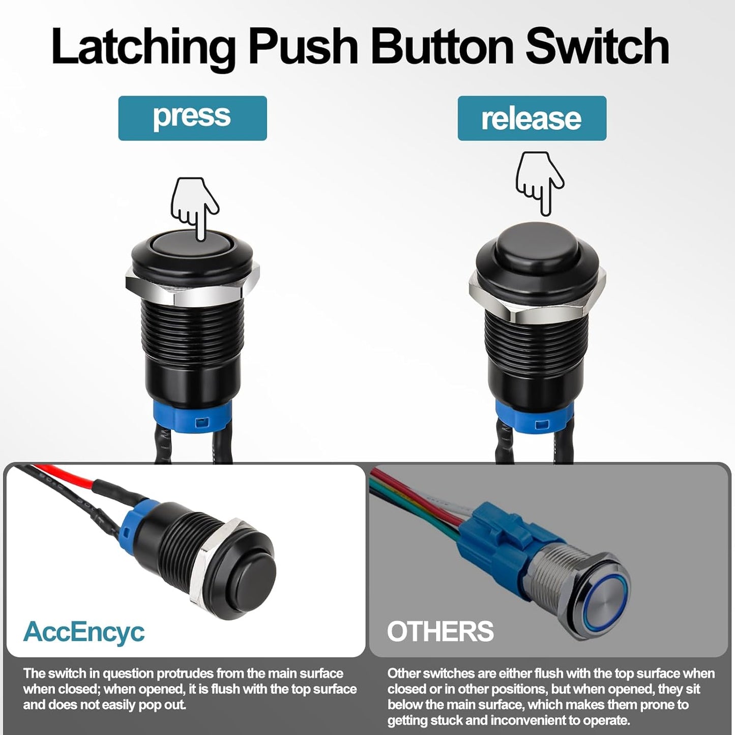 12mm Latching Push Button Switch - Raised Head, Normally Open ON - Off, with Pre - soldered Cable, Aluminium V1258-DP02-B-1346