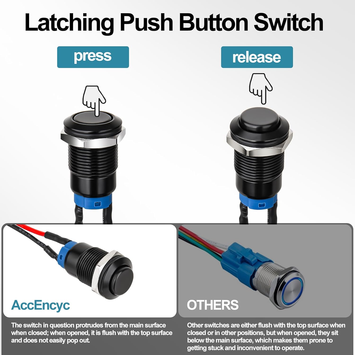 12mm Latching Push Button Switch - Raised Head, Normally Open ON - Off, with Pre - soldered Cable, Aluminium V1258-DP02-B-1346