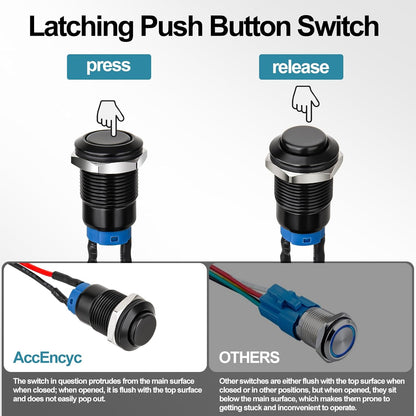12mm Latching Push Button Switch - Raised Head, Normally Open ON - Off, with Pre - soldered Cable, Aluminium V1258-DP02-B-1346