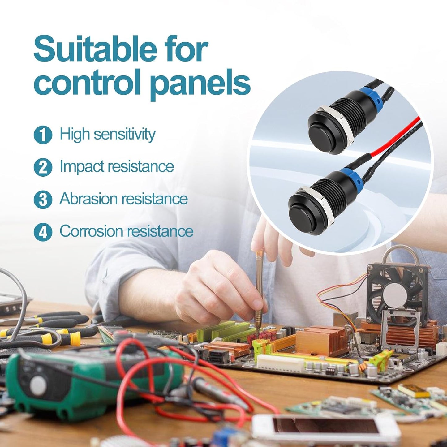 12mm Latching Push Button Switch - Raised Head, Normally Open ON - Off, with Pre - soldered Cable, Aluminium V1258-DP02-B-1346
