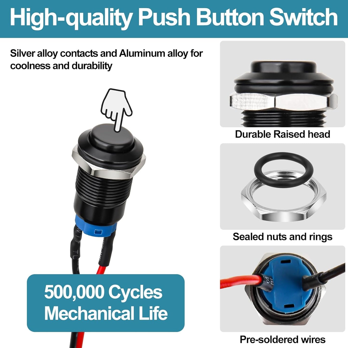 12mm Latching Push Button Switch - Raised Head, Normally Open ON - Off, with Pre - soldered Cable, Aluminium V1258-DP02-B-1346