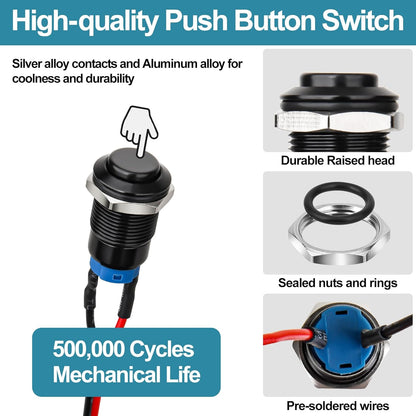 12mm Latching Push Button Switch - Raised Head, Normally Open ON - Off, with Pre - soldered Cable, Aluminium V1258-DP02-B-1346