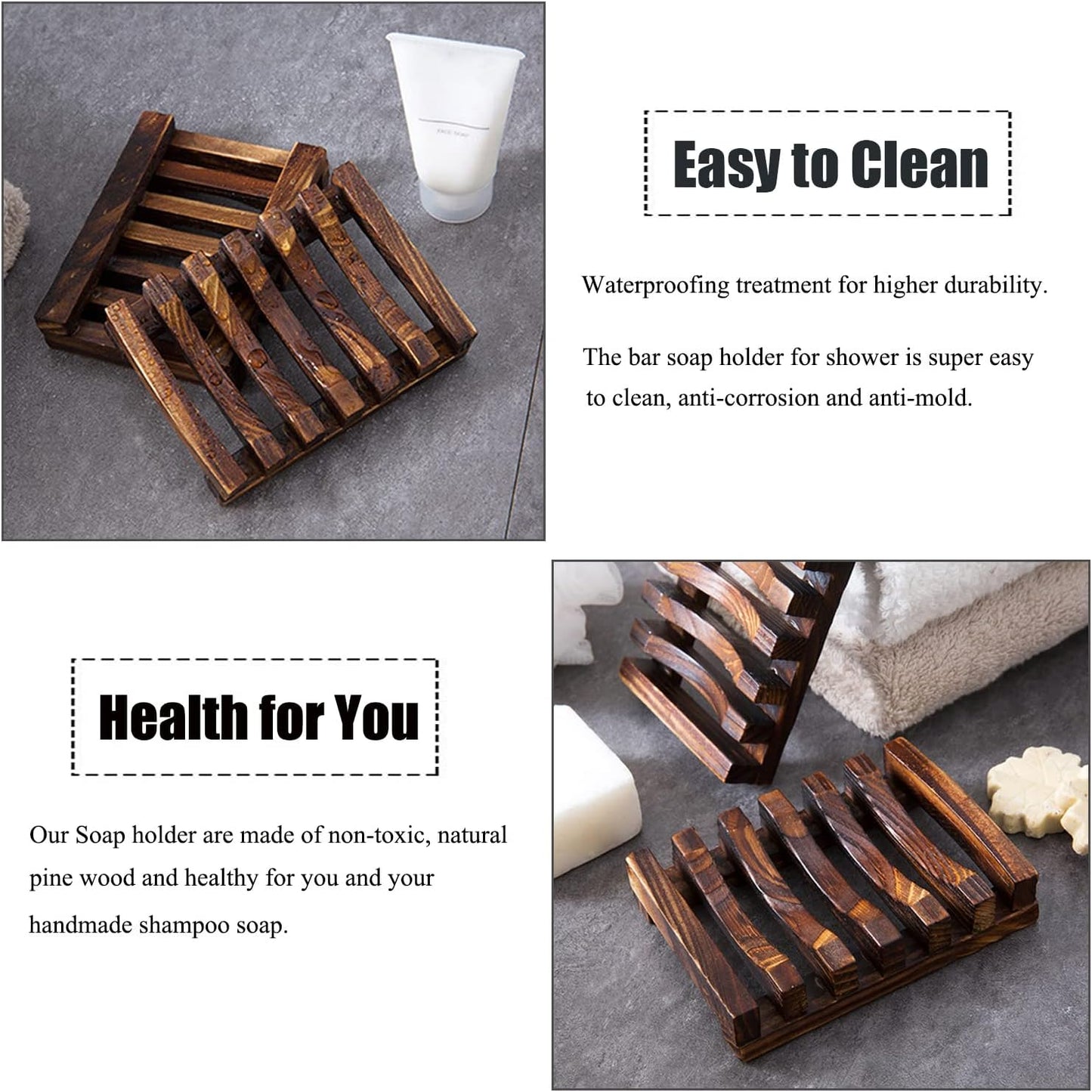 3 Pcs Natural Wooden Soap Dish Holder for Shower, Self Draining Soap Tray for Bathroom, Extend Soaps Life and V1258-DP02-B-1376