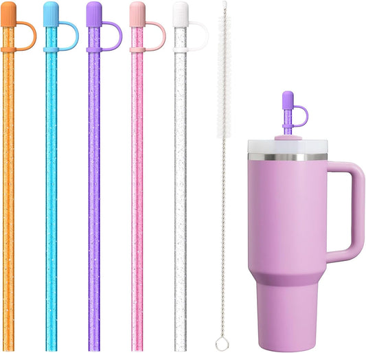 5 Straws with Cover Caps for Stanley 40 oz 30 oz 64 oz Cup Tumbler, Color Glitter Reusable Straws with V1258-DP02-B-1395
