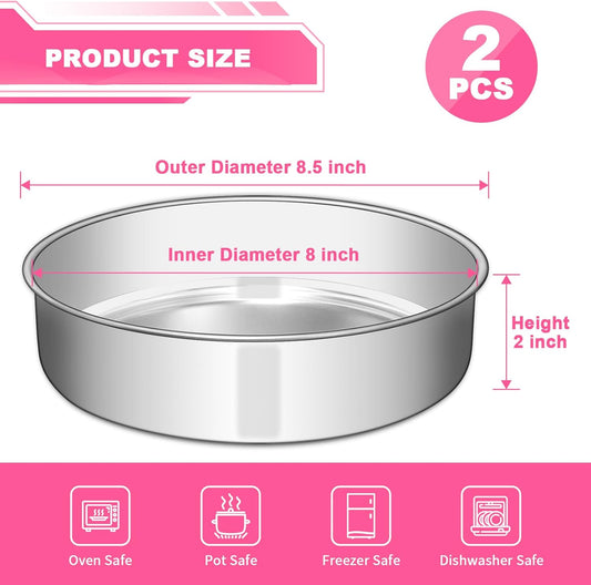 8 Inch Cake Pan Set of 2, Stainless Steel Round Layer Cake Baking Pans Tins, Non-Toxic & Healthy, Leak-proof V1258-DP02-B-14