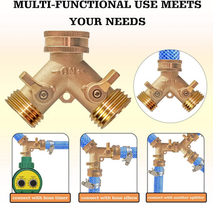 Hose Splitter, Garden Hose Splitter Heavy Duty 2 Way, Solid Brass Water Hose Y Splitter 2 Valves with 2 Extra V1258-DP02-B-141