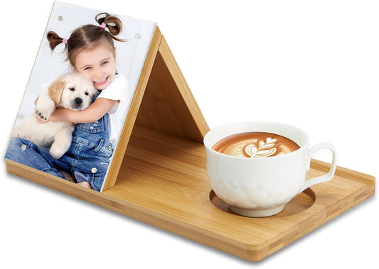Bamboo Book Holder, Triangle Book Holder Stand with Acrylic Picture Frame, Book Rest with Cup Holder, Tablet V1258-DP02-B-1412
