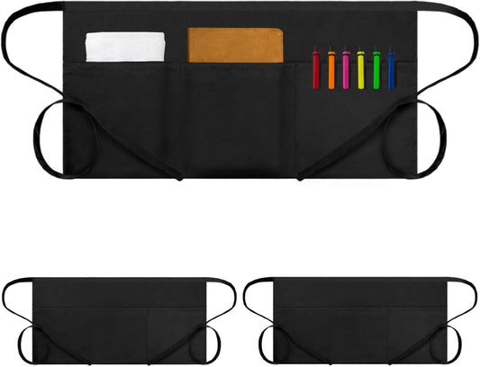 Waitress Server Apr with 3 Pockets, Water Resistant Black Half Waist Apr with Pockets, 12 Inch Waist Server V1258-DP02-B-1417