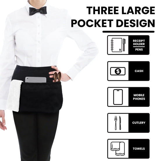 Waitress Server Apr with 3 Pockets, Water Resistant Black Half Waist Apr with Pockets, 12 Inch Waist Server V1258-DP02-B-1417