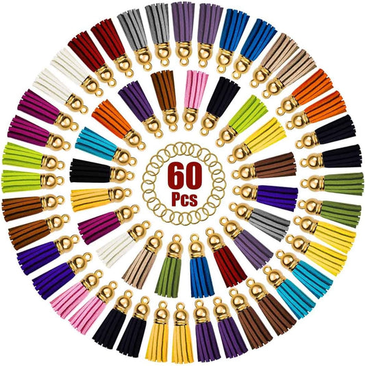 Tassels for Keychains Faux Suede Tassel DIY Jewelry Making 60 Pcs Leather Keychain Charms Bulk & Jump Rings V1258-DP02-B-1431