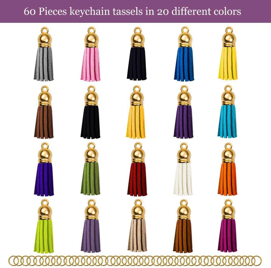 Tassels for Keychains Faux Suede Tassel DIY Jewelry Making 60 Pcs Leather Keychain Charms Bulk & Jump Rings V1258-DP02-B-1431