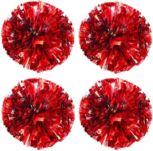 Petluno 4 Pack (2 Pair) Metallic Foil Cheerleader Pom Poms & Plastic Ring Cheer with Baton Handle V1258-DP02-B-1433