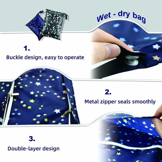 2 Pcs Waterproof Reusable Wet Dry Bag for Diaper Baby Cloth Gym Clothes Washable Travel Bags Beach Pool V1258-DP02-B-1436