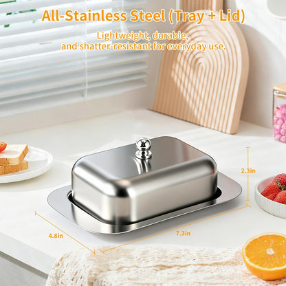 Stainless Steel Butter Dish with Lid and Handle, 7.5" x 5", Keeps Fresh, Fits Standard Sticks V1258-DP02-B-1456