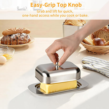 Stainless Steel Butter Dish with Lid and Handle, 7.5" x 5", Keeps Fresh, Fits Standard Sticks V1258-DP02-B-1456