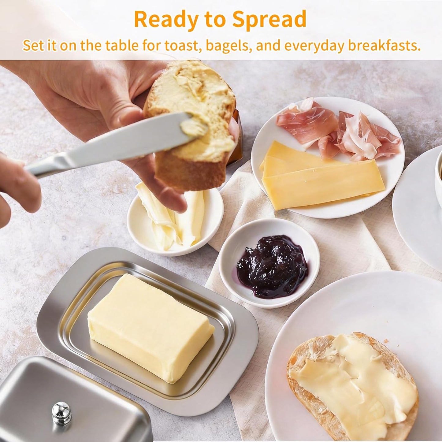 Stainless Steel Butter Dish with Lid and Handle, 7.5" x 5", Keeps Fresh, Fits Standard Sticks V1258-DP02-B-1456