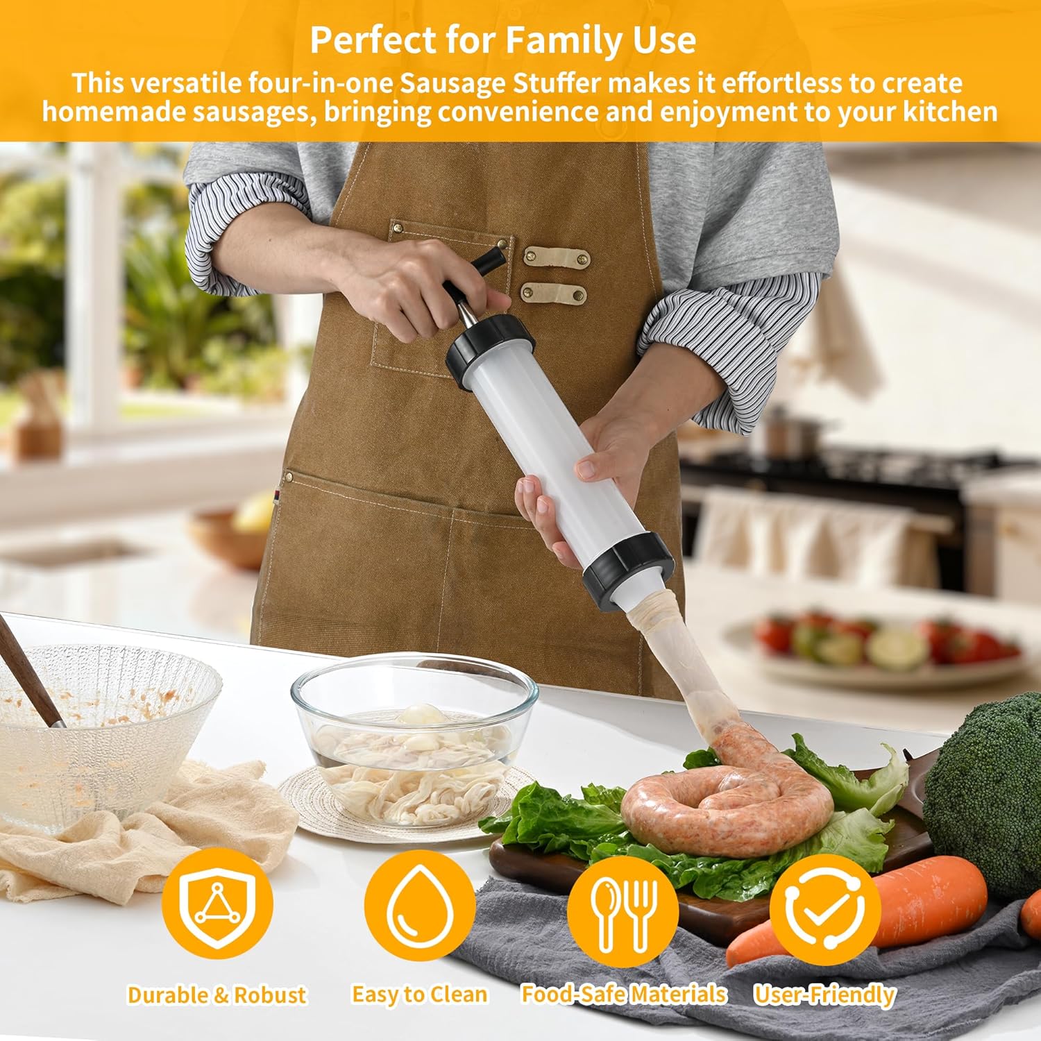 Manual Sausage Stuffer, Black, BPA-Free, Handheld with 4 Stuffing Tubes, for Hot Dogs and Bratwurst V1258-DP02-B-1461
