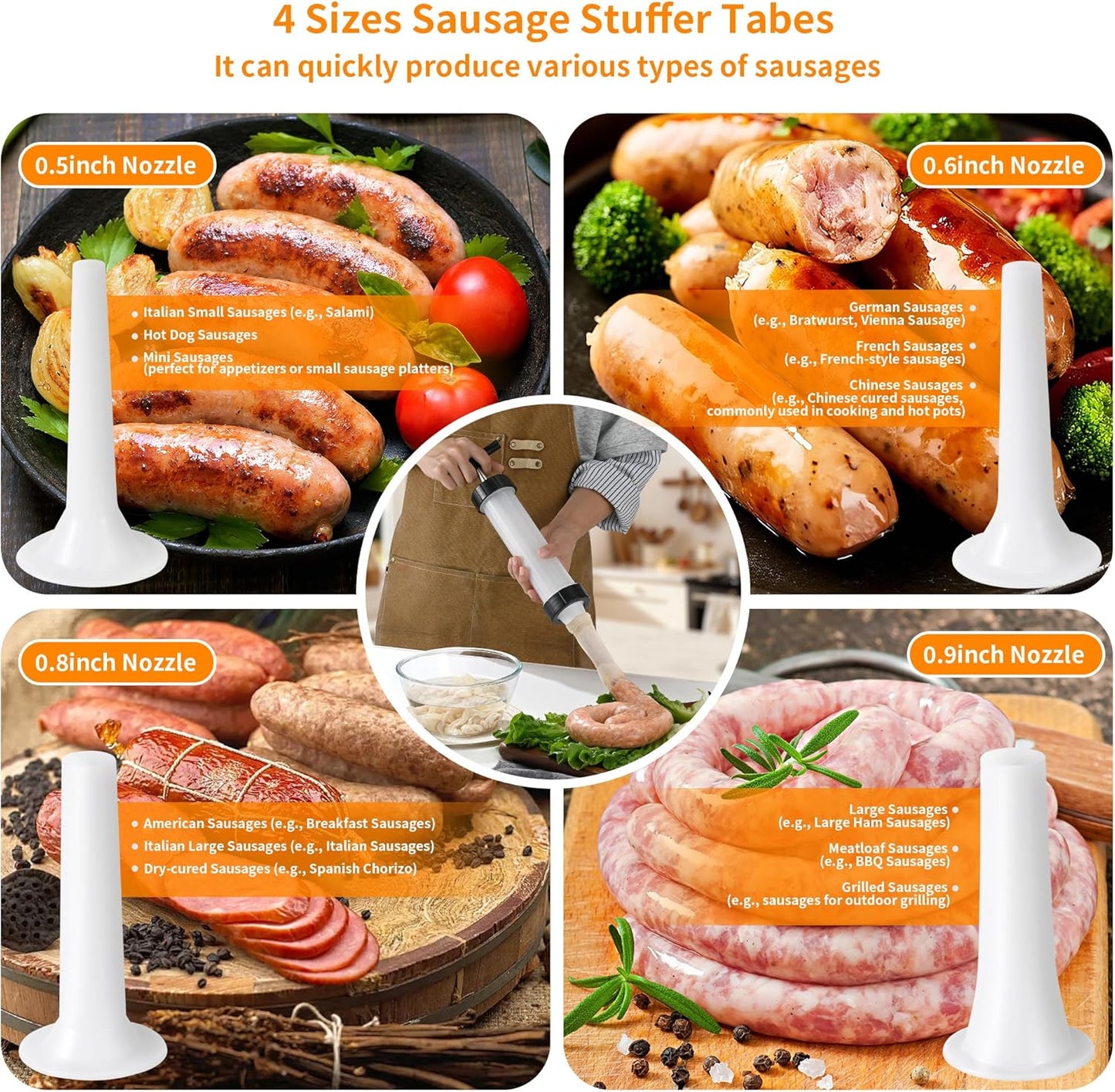 Manual Sausage Stuffer, Black, BPA-Free, Handheld with 4 Stuffing Tubes, for Hot Dogs and Bratwurst V1258-DP02-B-1461
