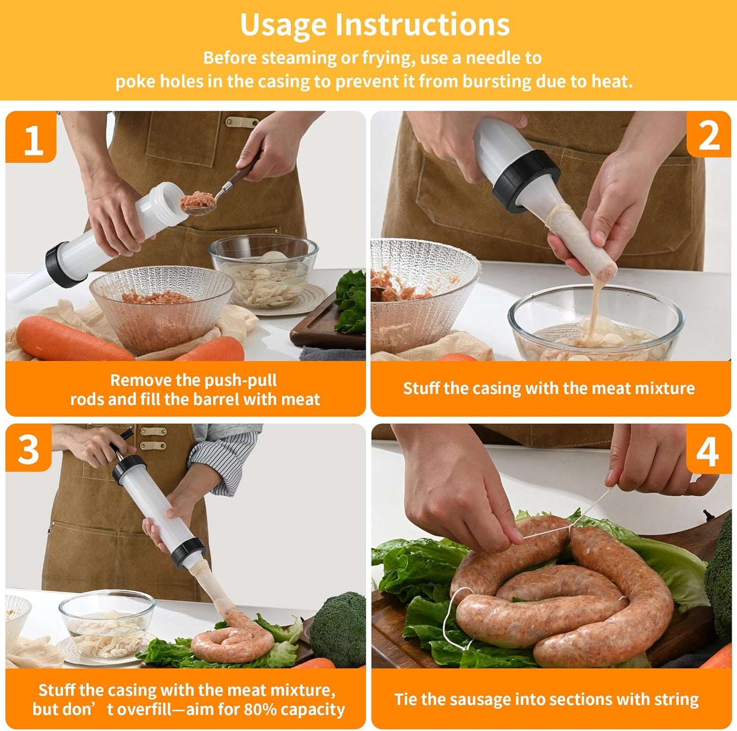Manual Sausage Stuffer, Black, BPA-Free, Handheld with 4 Stuffing Tubes, for Hot Dogs and Bratwurst V1258-DP02-B-1461
