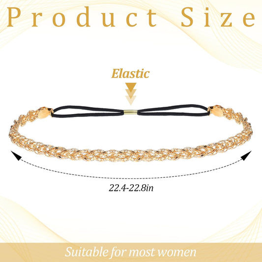 Xindojuz Gold Elastic Rhinestone Headband, 19" Adjustable 70s Headband Sparkly Crystal Disco Braid Headpiece V1258-DP02-B-1465