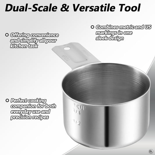 Xindojuz 1 Cup Single Stainless Steel Measuring Cup, Etched Inner Scale Metal Measure Scoop for Cooking V1258-DP02-B-1483