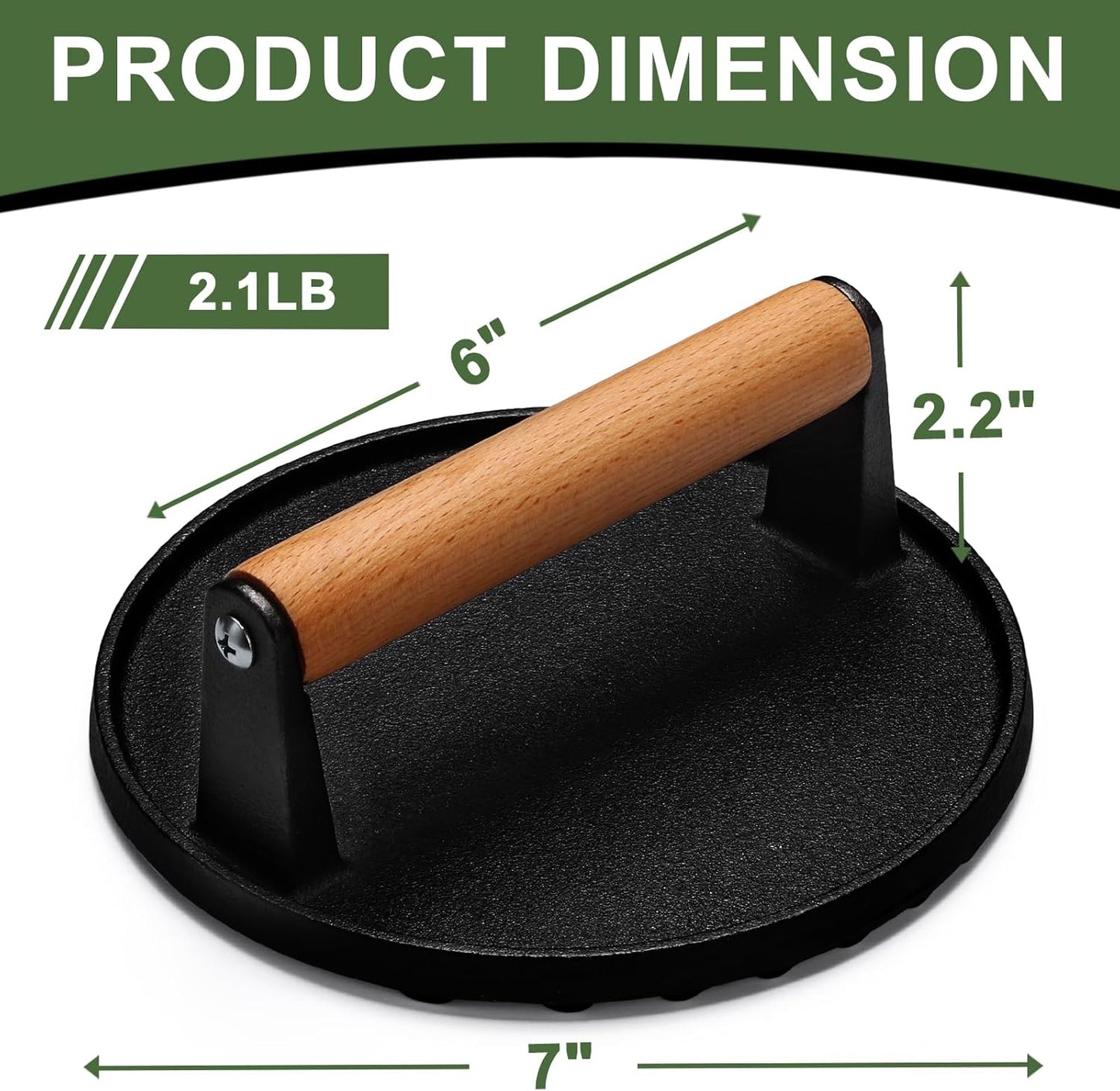 Burger Press, 7" Round Heavy-Duty Cast Iron Smash Bacon Press Meat Steak with Wood Handle for Griddle, V1258-DP02-B-15