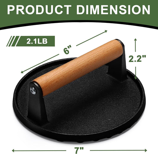 Burger Press, 7" Round Heavy-Duty Cast Iron Smash Bacon Press Meat Steak with Wood Handle for Griddle, V1258-DP02-B-15