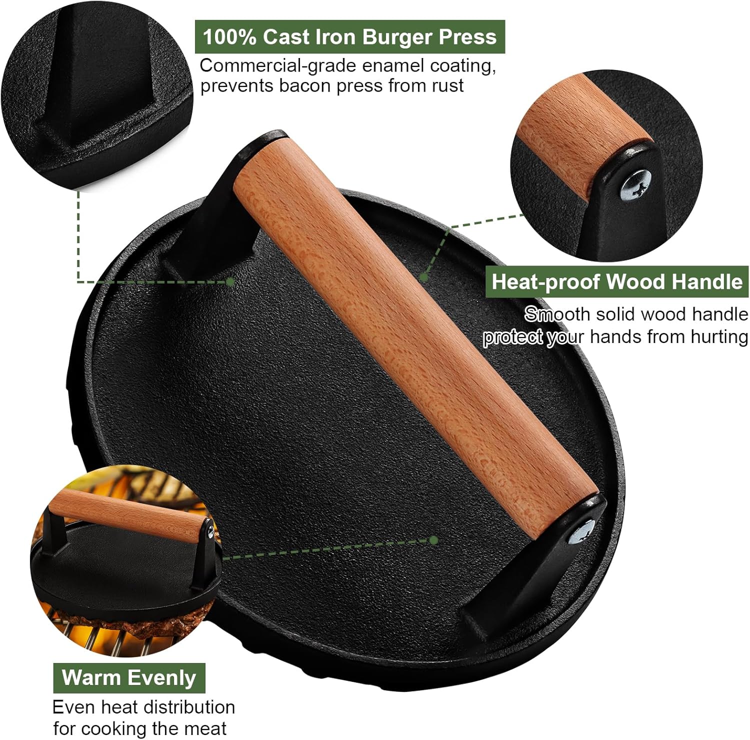Burger Press, 7" Round Heavy-Duty Cast Iron Smash Bacon Press Meat Steak with Wood Handle for Griddle, V1258-DP02-B-15
