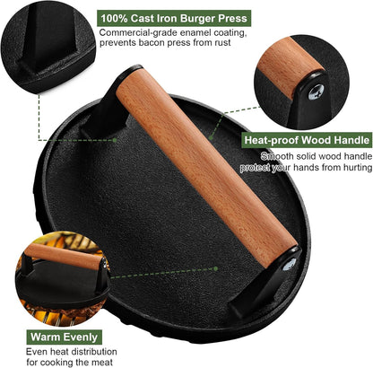 Burger Press, 7" Round Heavy-Duty Cast Iron Smash Bacon Press Meat Steak with Wood Handle for Griddle, V1258-DP02-B-15