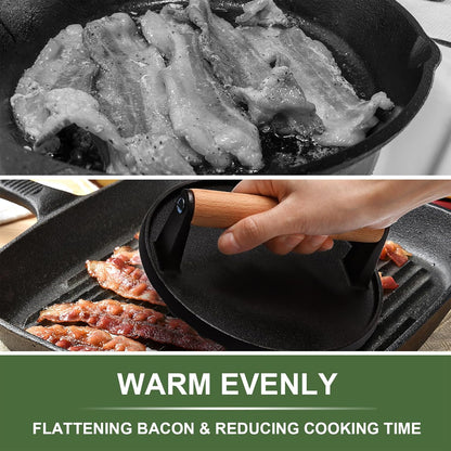 Burger Press, 7" Round Heavy-Duty Cast Iron Smash Bacon Press Meat Steak with Wood Handle for Griddle, V1258-DP02-B-15