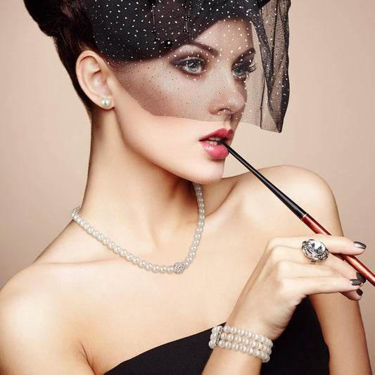 Glenmal Pearl Rhinestone Jewelry Set for Women Pearl Necklace Bracelet Earrings for Wedding Birthday Bridal V1258-DP02-B-1505