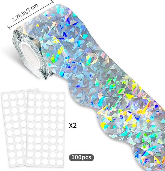 STARLIBOO 60 Feet Bulletin Board Borders, Holographic Scalloped Rolled Border Trim for School, Classroom & V1258-DP02-B-1529