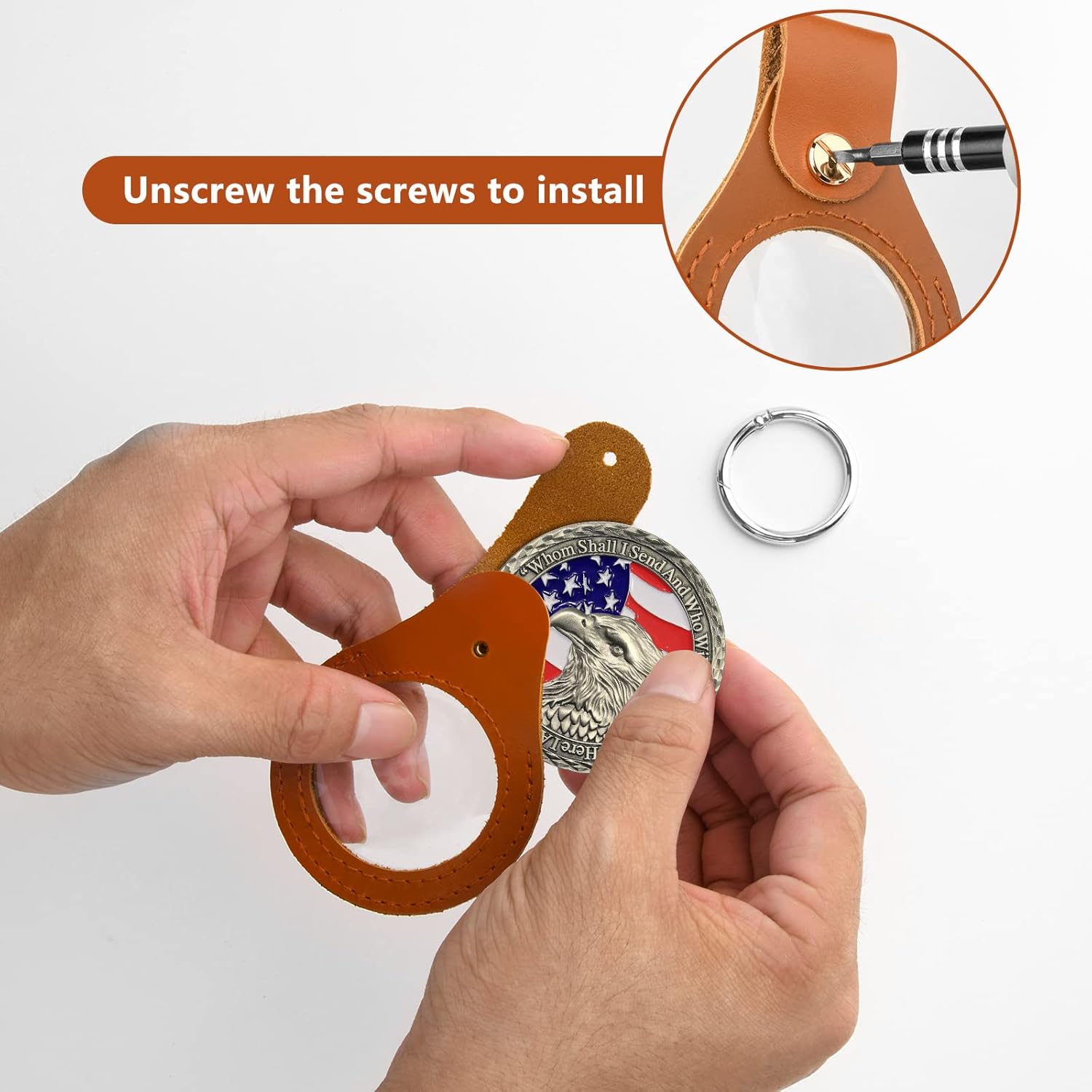 Homakover AA Medallion Coin Holder Keychain,Genuine Leather Standard Challenge Coin Sleeves,Snap Open Display V1258-DP02-B-1530