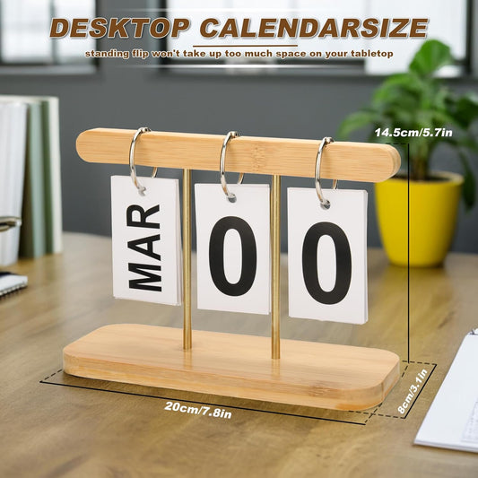 Perpetual Daily Flip Calendar for Desk, Vintage Wood Perpetual Calendar With Large Display, Reusable Desktop V1258-DP02-B-1541