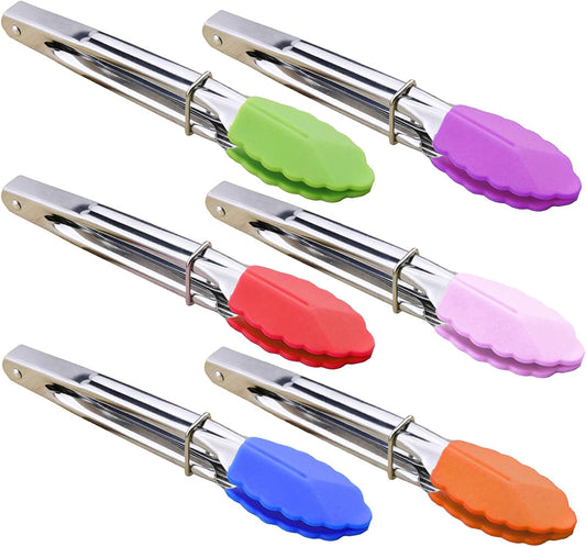 Small Tongs with Silicone Tips 7-Inch Mini Serving Tongs, Set of 6 (Green Red Blue Purple Pink Orange) V1258-DP02-B-1555