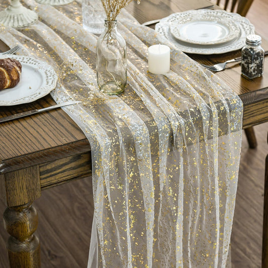 Beige Gold Gauze Table Runner 120 Inch 10FT, Glitter llic Foil Sheer Dining Wedding Anniversary Holiday V1258-DP02-B-1570