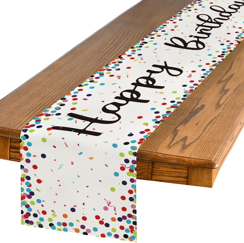 Polka Dot Beige Happy Birthday Table Runner, Seasonal Kitchen Dining Table Decoration for Home Party Decor V1258-DP02-B-1571