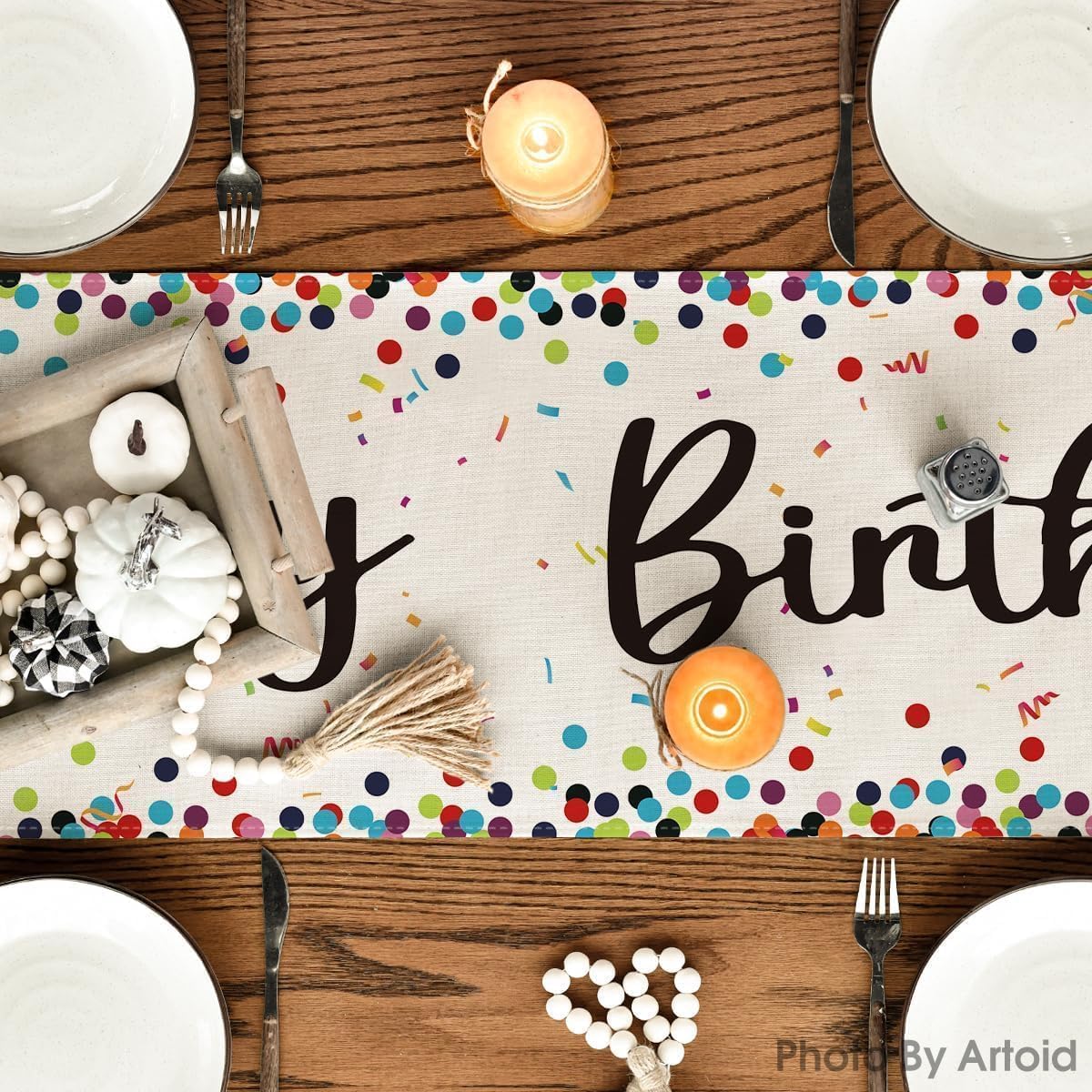 Polka Dot Beige Happy Birthday Table Runner, Seasonal Kitchen Dining Table Decoration for Home Party Decor V1258-DP02-B-1571