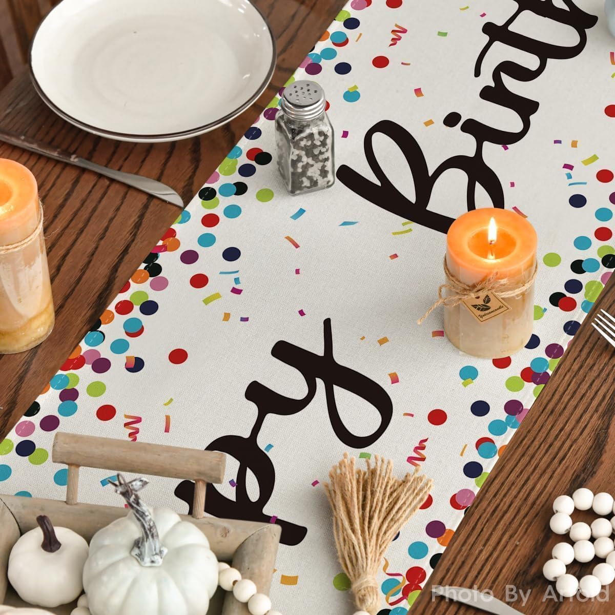 Polka Dot Beige Happy Birthday Table Runner, Seasonal Kitchen Dining Table Decoration for Home Party Decor V1258-DP02-B-1571