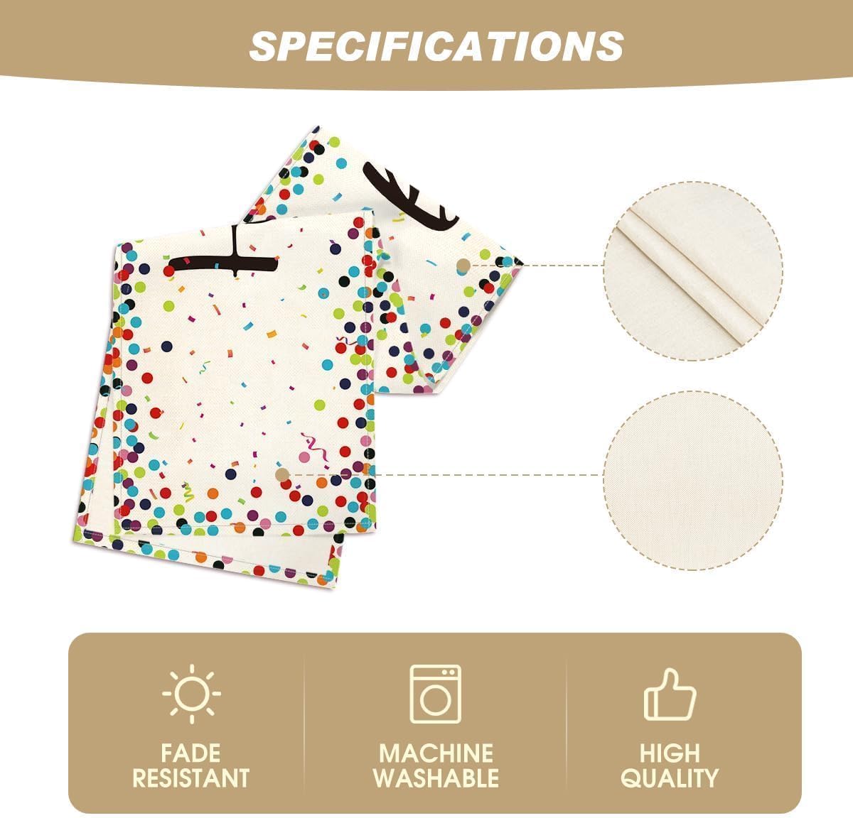 Polka Dot Beige Happy Birthday Table Runner, Seasonal Kitchen Dining Table Decoration for Home Party Decor V1258-DP02-B-1571