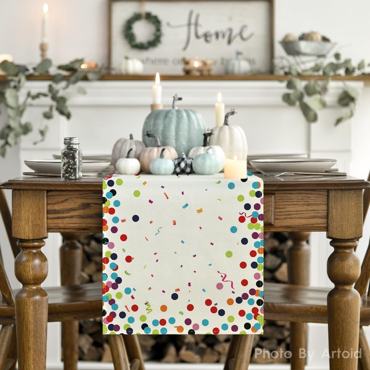 Polka Dot Beige Happy Birthday Table Runner, Seasonal Kitchen Dining Table Decoration for Home Party Decor V1258-DP02-B-1571
