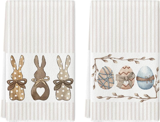Stripe Rabbit Bunny Eggs Easter Kitchen Towels Dish Towels, 18x26 Inch Spring Decoration Hand Towels Set of 2 V1258-DP02-B-1572