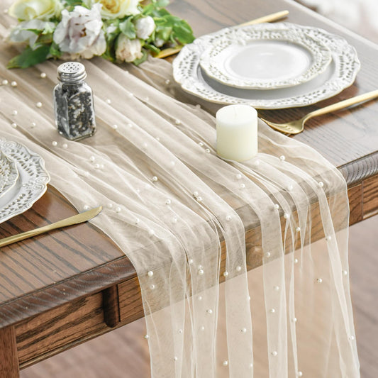 Pearl Beige Gauze Table Runner 120 Inch 10FT, Seasonal Sheer Dining Holiday Wedding Birthday Baby Shower V1258-DP02-B-1574