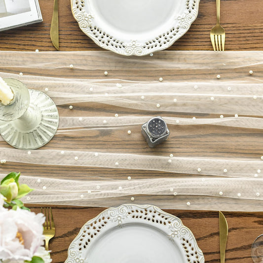 Pearl Beige Gauze Table Runner 120 Inch 10FT, Seasonal Sheer Dining Holiday Wedding Birthday Baby Shower V1258-DP02-B-1574