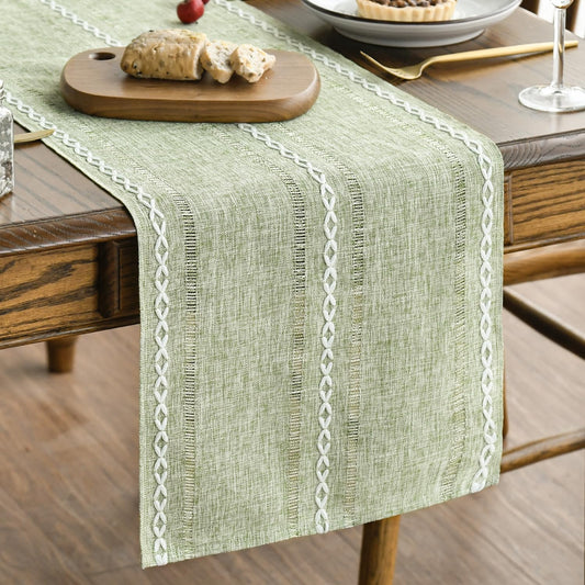 Sage Green Rustic Cotton Linen Table Runner, Seasonal Embroidered Hollow Kitchen Dining Table Decoration for V1258-DP02-B-1575