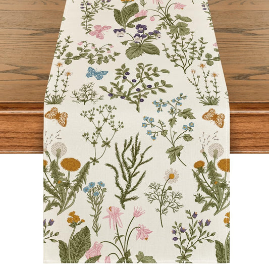 Wildflowers Floral Spring Table Runner, Seasonal Summer Butterfly Kitchen Dining Table Decoration for Home V1258-DP02-B-1576